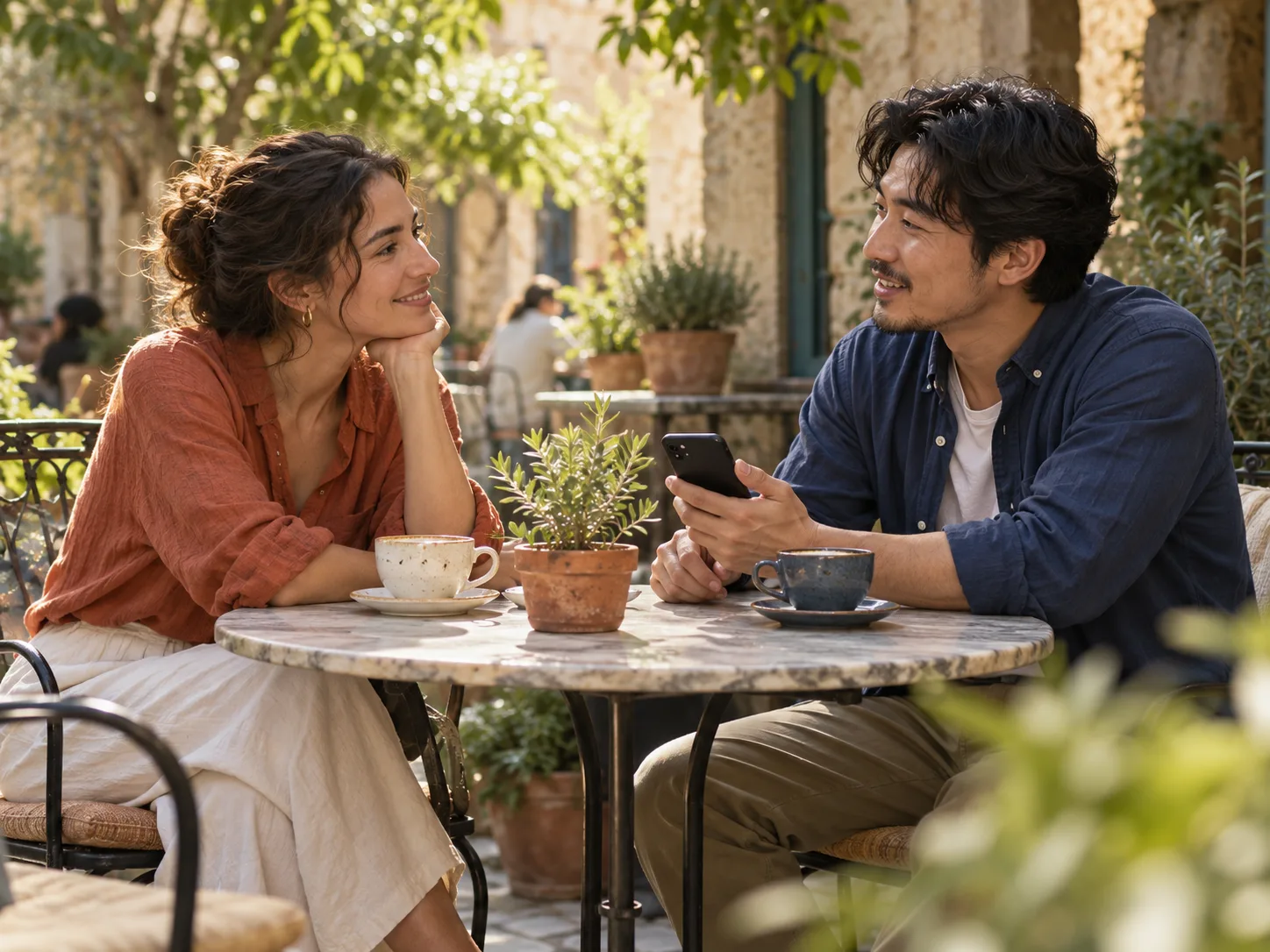 Two adults talking across an outdoor cafe table, with one holding a phone whose screen is hidden
