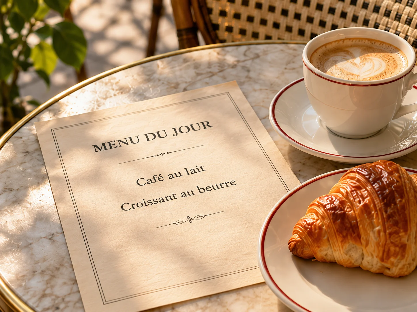A French café menu, coffee, and croissant on a sunlit table
