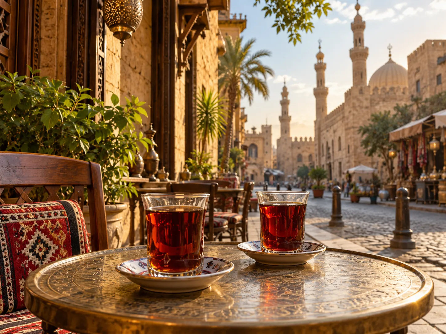 Two glasses of tea on an outdoor café table with warm stone buildings in the background