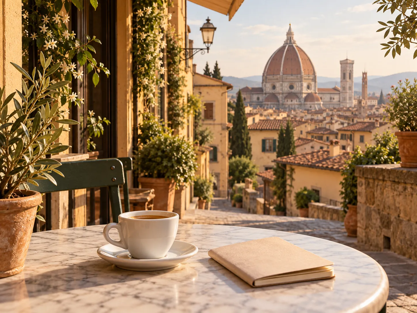 An espresso and a closed notebook on an imagined Florence café terrace, with a cathedral dome in the distance