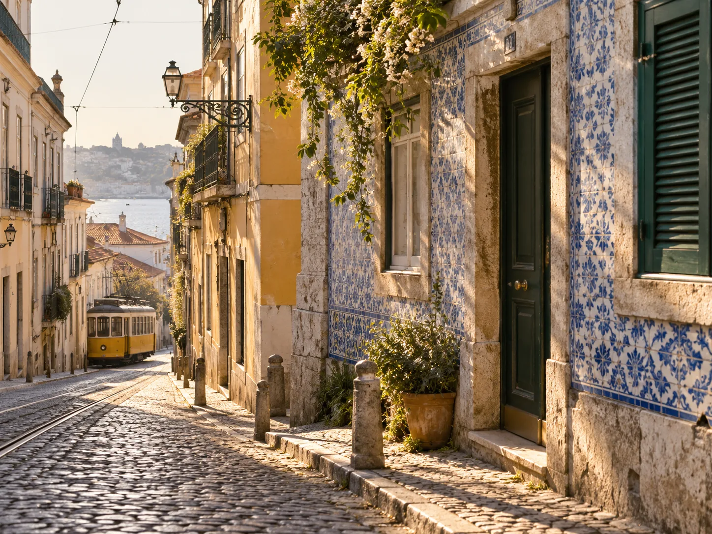 A sunlit Lisbon street with tiled facades, green shutters, and a yellow tram in the distance