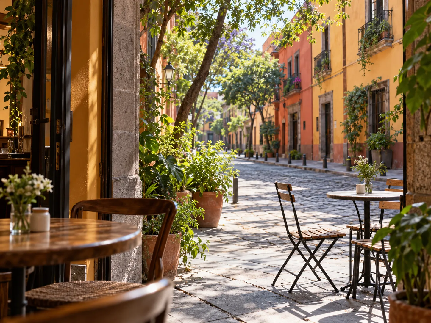 A leafy neighborhood street with warm-colored buildings and outdoor café tables