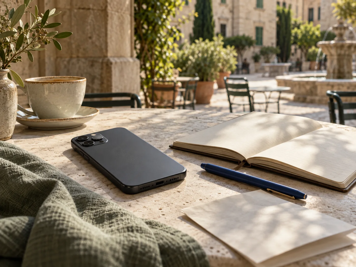 A dark smartphone beside an open notebook and blue pen on a sunlit stone table