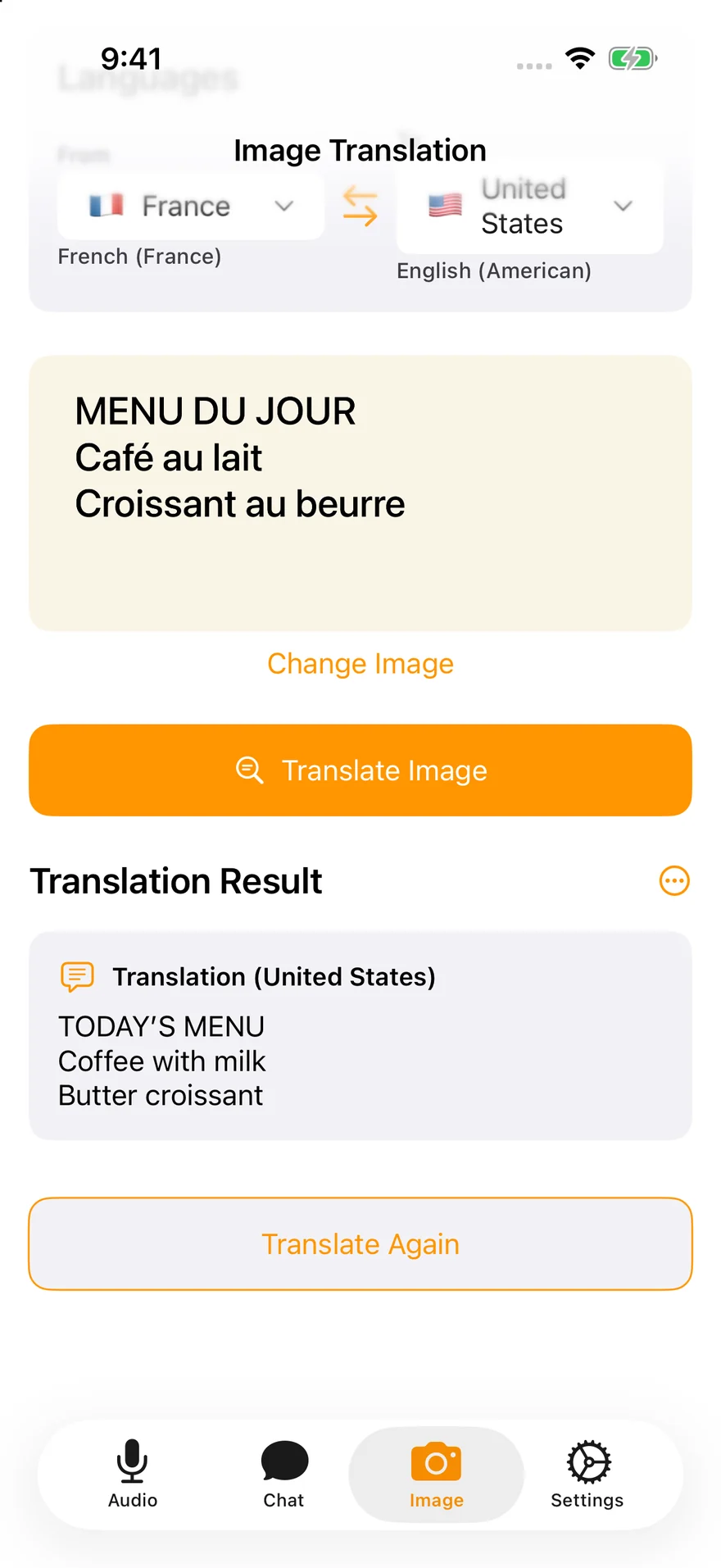 Spek photo translation showing a café menu and its translated text